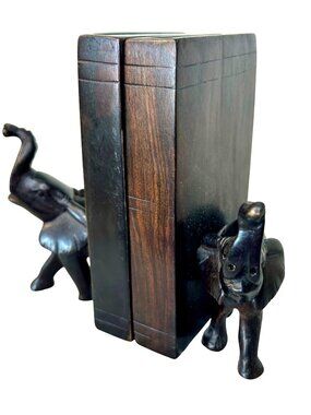 Mid-Century Hand-Carved Dark-wood Heavy Indian Elephant Pair of Bookends 6”